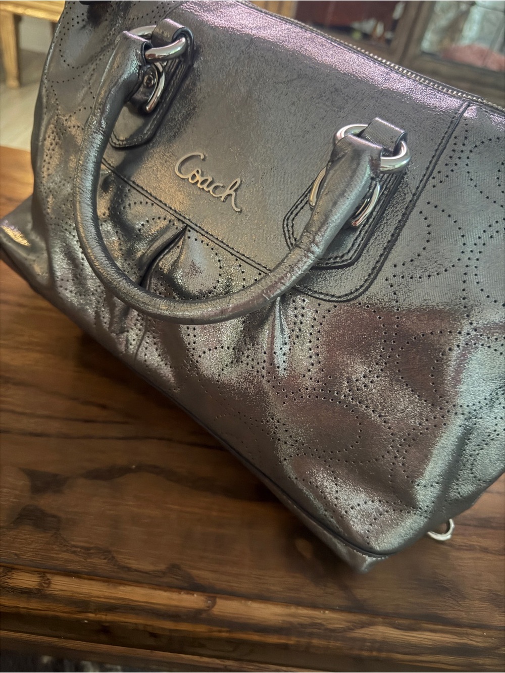 Coach Metallic Silver Leather Satchel with Perforated Detail